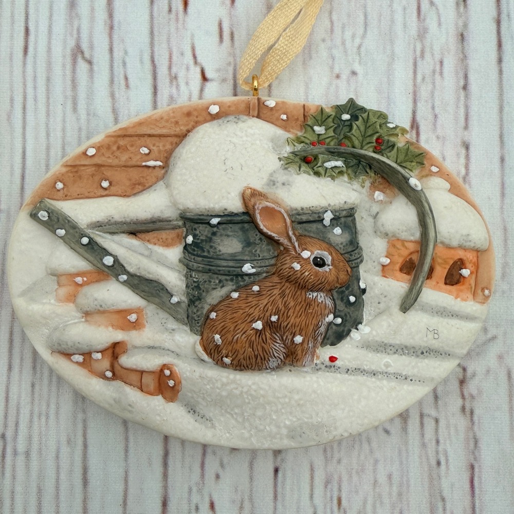 Vintage 1996 Marjolein Bastin Hallmark Rabbit Winter Snow Resin Ornament Oval